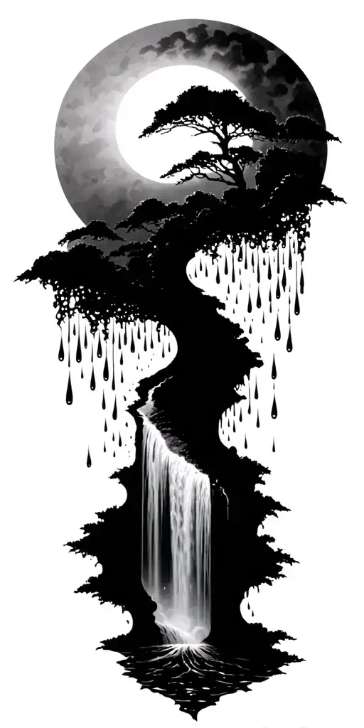 A Sun Melting Into A Waterfall That Turns Into Rain Drops