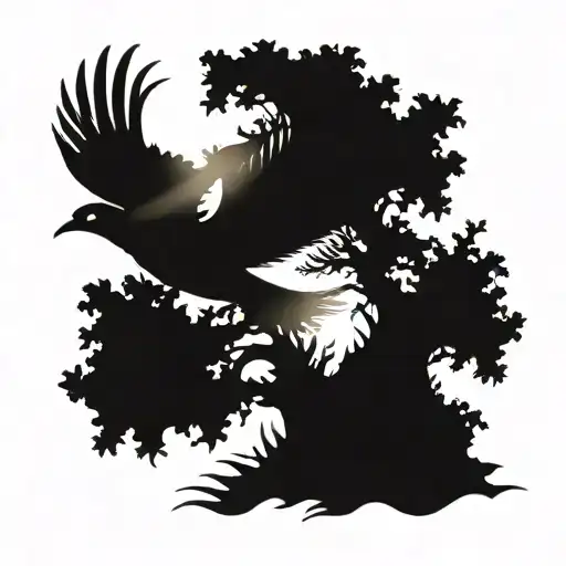 Bird Flying Near Cedar Tree Silhouette