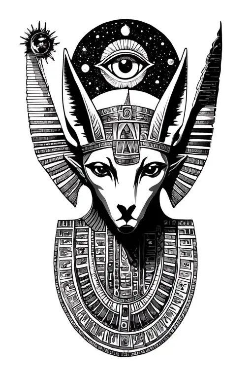 Egyptian And Mayan Space Theme With Cosmic Anubis And All Seeing Eye