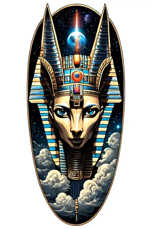 Egyptian And Mayan Space Theme With Cosmic Clouds Anubis And All Seeing Eye
