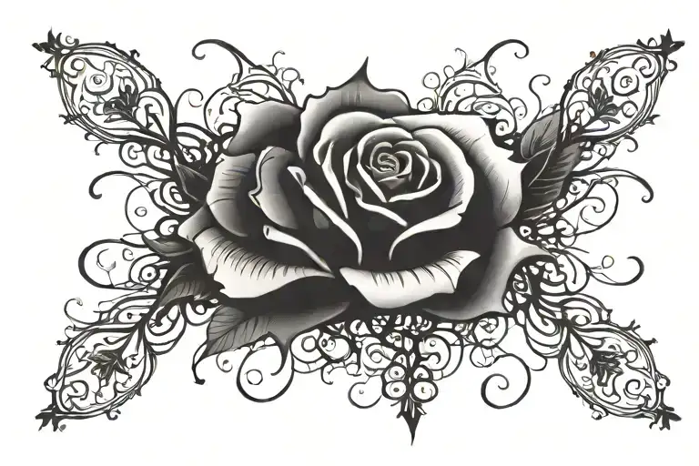 Single Rose In Center With Smaller Roses And Thorns Extending Upward