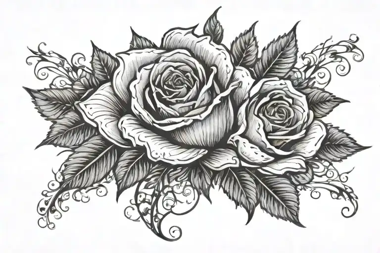 Single Rose In Center With Smaller Roses And Thorns Extending Upward