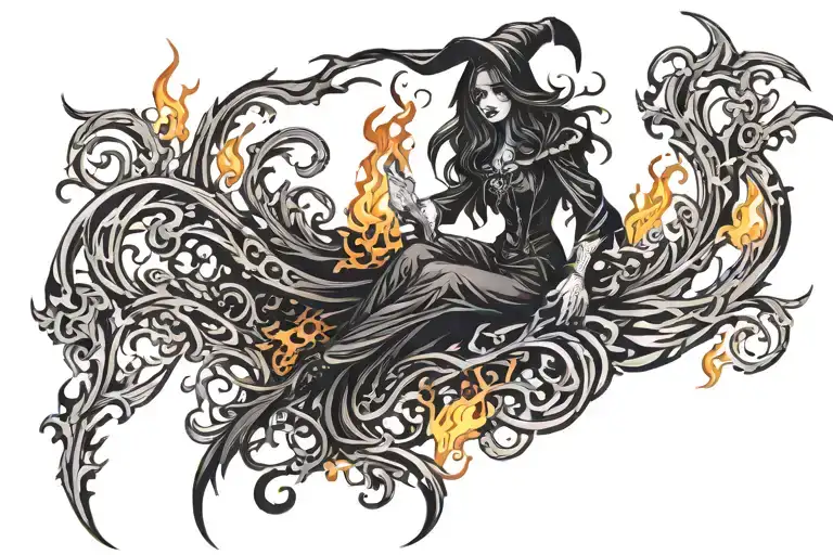 Scary Witch Rising Through Flames