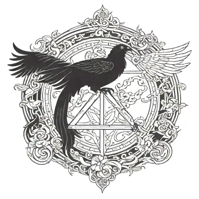 Deathly Hallows With Pheonix Bird Sitting