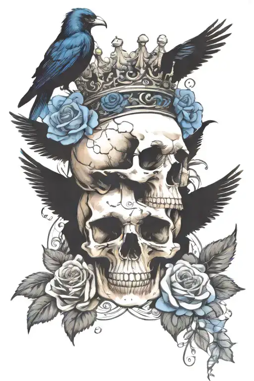 Skull Wearing Crown With Raven On Headand Blue Roses Intertwined