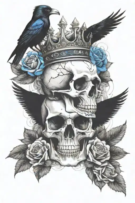 Skull Wearing Crown With Raven On Headand Blue Roses Intertwined