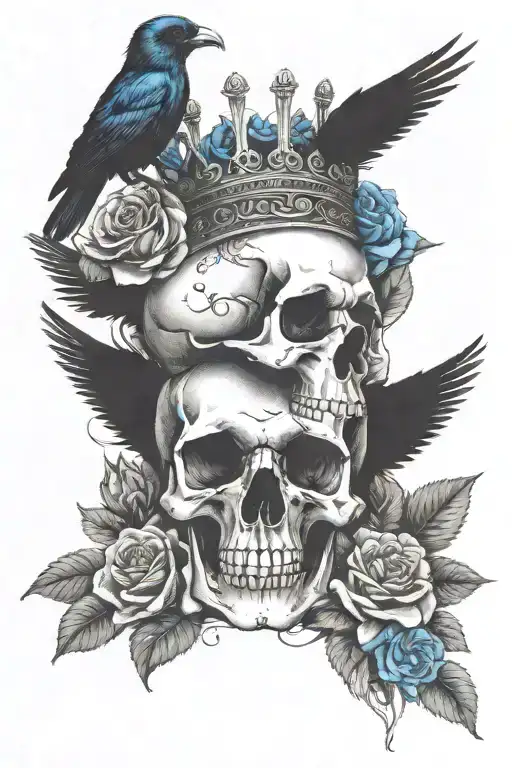 Skull Wearing Crown With Raven On Headand Blue Roses Intertwined
