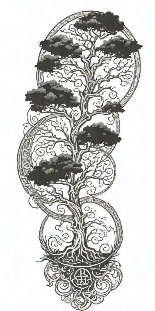 Tree Of Life With Deep Roots Surrounded By Violent Stormy Seas And Skies And Wind