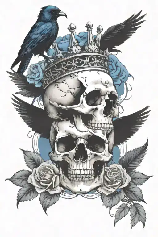 Skull Wearing Crown With Raven On Headand Blue Roses Intertwined