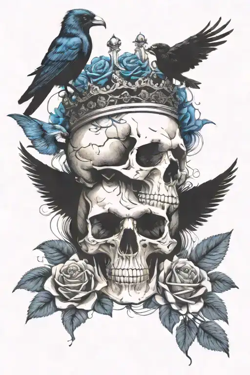 Skull Wearing Crown With Raven On Headand Blue Roses Intertwined