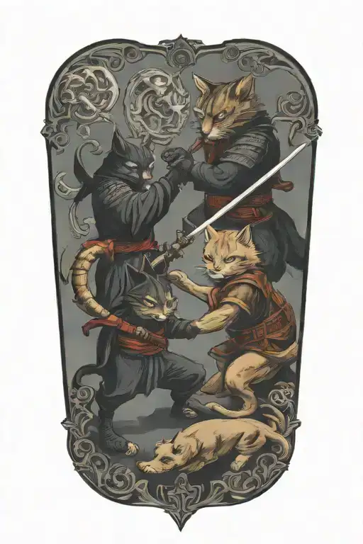 Two Samurai Warrior Cats Fighting Demons