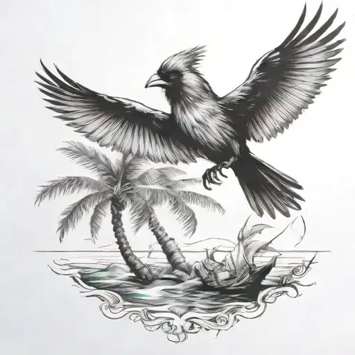 Flying Cardinal To The Ocean And Palm Tree