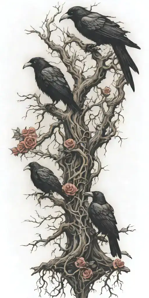 Old Gnarled Tree With Crooked Branches And Ravens Perched On The Branches Roses Twised Up The Trunk