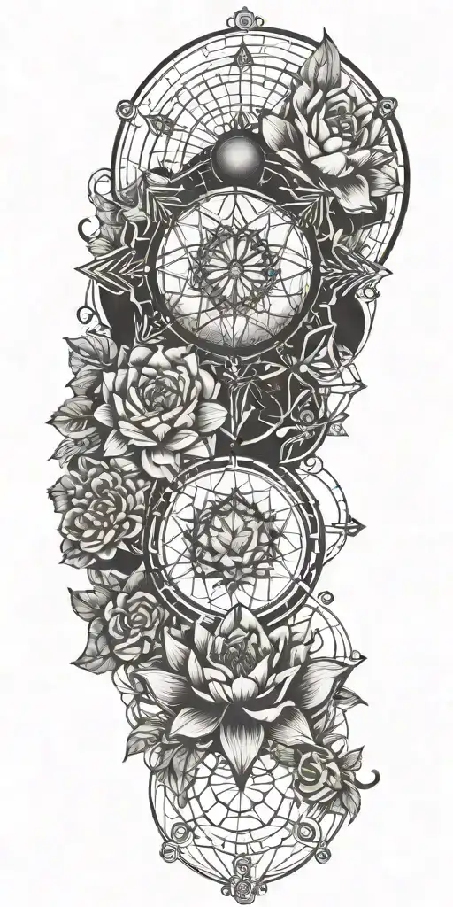 Planets Surrounded By Triangles Trapped Inside A Blooming Lotus Flower