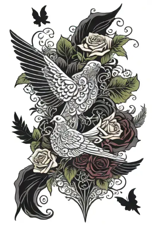 Zentangle Dove Wings Folded Perched Atop Roses