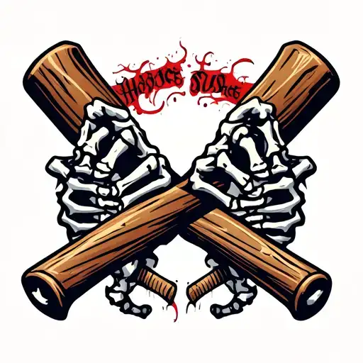 Two Skeleton Hands Holding Crossed Wooden Baseball Bats