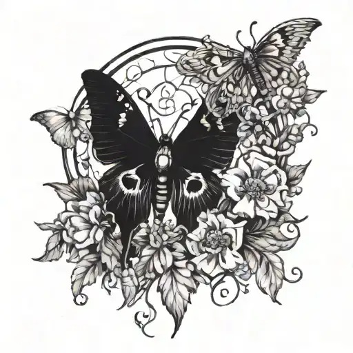 Death Moth In A Cresent Moon Surrounded By Florals Violets And Poppie Flowers