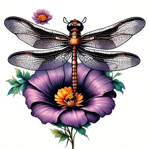 Dragonfly With Marigolds Morning Glory's Cosmos