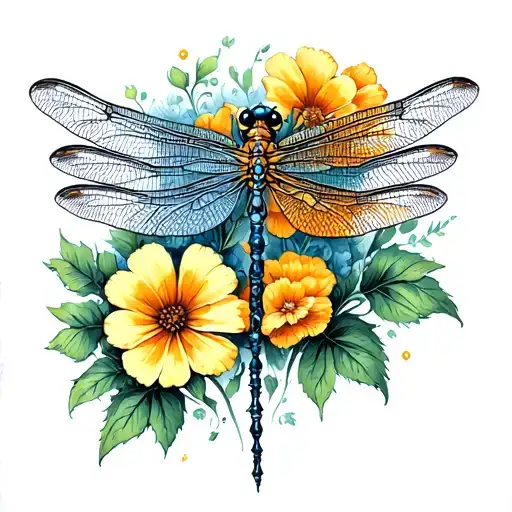 Dragonfly With Marigolds Morning Glory's Cosmos Combine The Strength