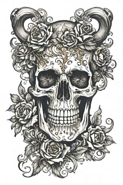 Skull With Flowers In The Dace Bone One Horn Up One Down