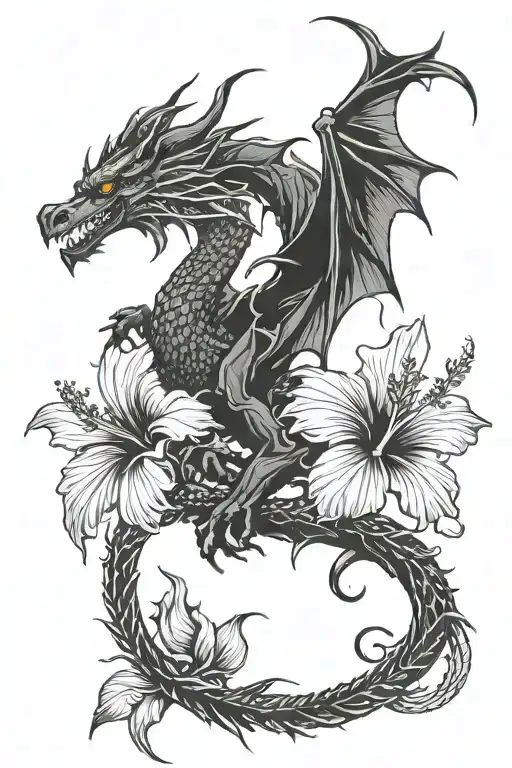 Hibiscus Flower And Dragon Intertwined