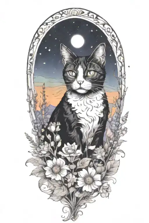 A Tuxedo Cat Exploring A Field Of Colorful Flowers Under A Starry Sky