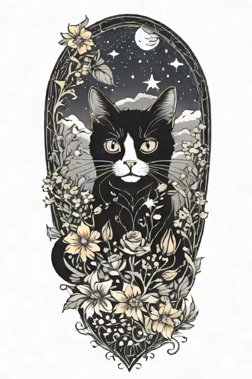 A Cat Exploring A Field Of Colorful Flowers Under A Starry Sky