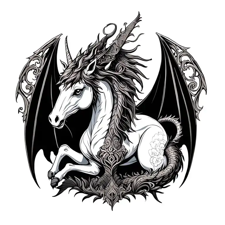 Midieval Dragon Beside Mythical Unicorn Full Body