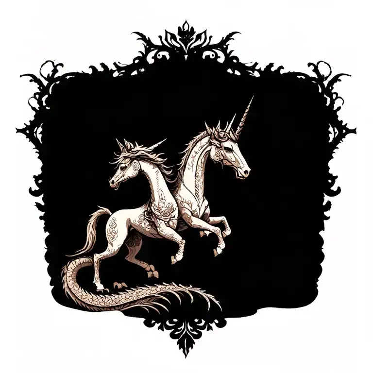 Midieval Dragon Beside A Mythical Unicorn Full Body