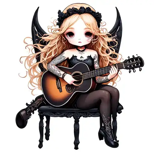 Blonde Chibi Girl With Messy Hair Playing Acoustic Guitar