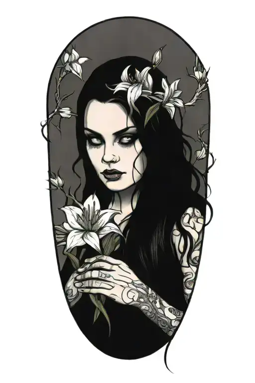 Beautiful Smiling Woman With Dark Hair Interwined With Lily Flowers And A Pine Tree