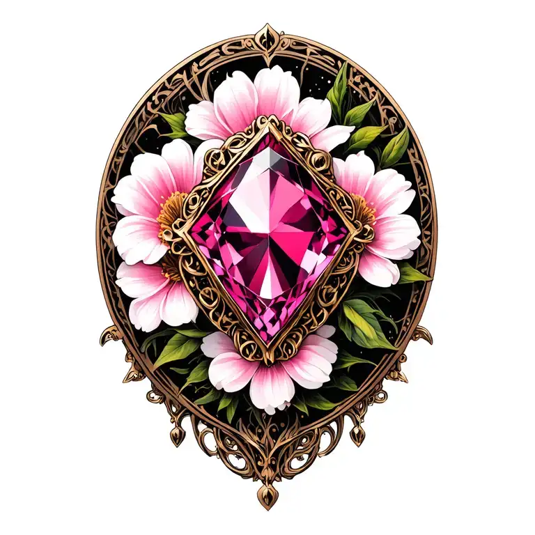 Pink Sapphire With White Gold With Pink Flowers In Background