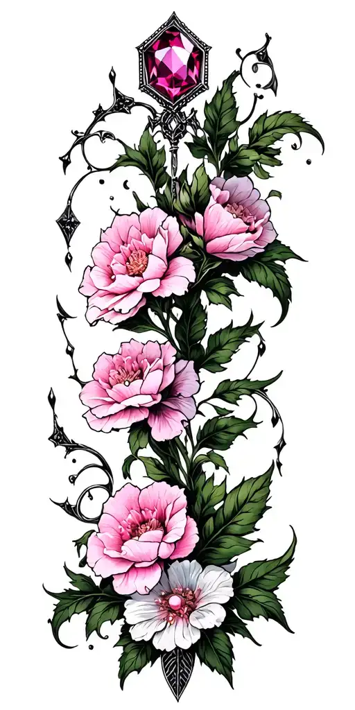 Pink Sapphire With White Gold With Pink Flowers In Background