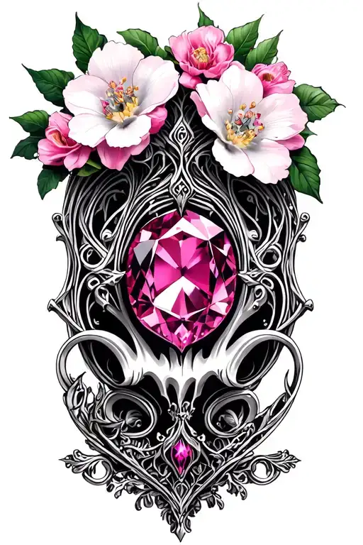 Pink Sapphire With White Gold With Pink Flowers In Background