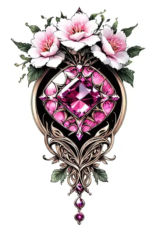 Pink Sapphire With White Gold With Pink Flowers In Background