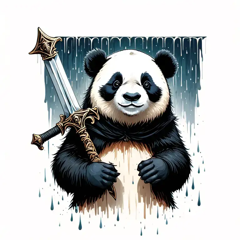 Panda Holding Sword Surrounded My Rain