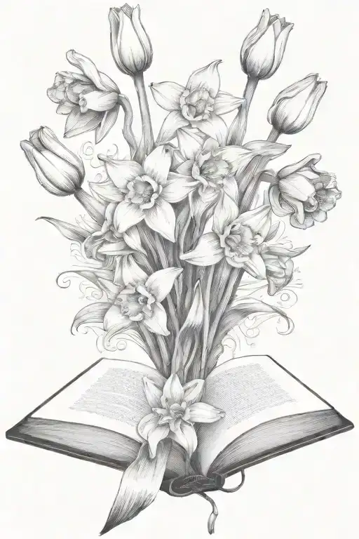 Daffodils And Tulips Bouquet Over An Open Book
