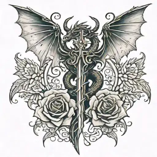 Black And Grey Dragon With Wings Rose And Sword Forearm