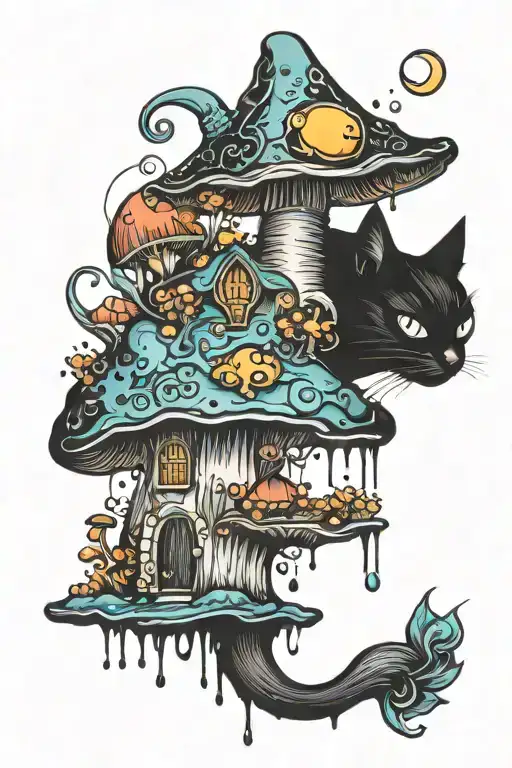 Melting Colorful Mushroom Black Cat With Moon