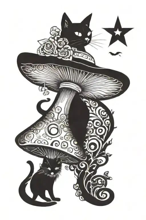 Colorful Mushroom Black Cat With Sun And Moon