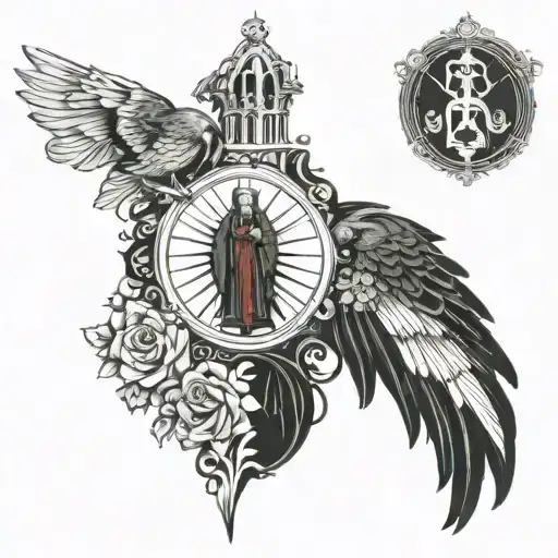 Tattoo Sleeve Featuring Avian And Roman Catholic Religion