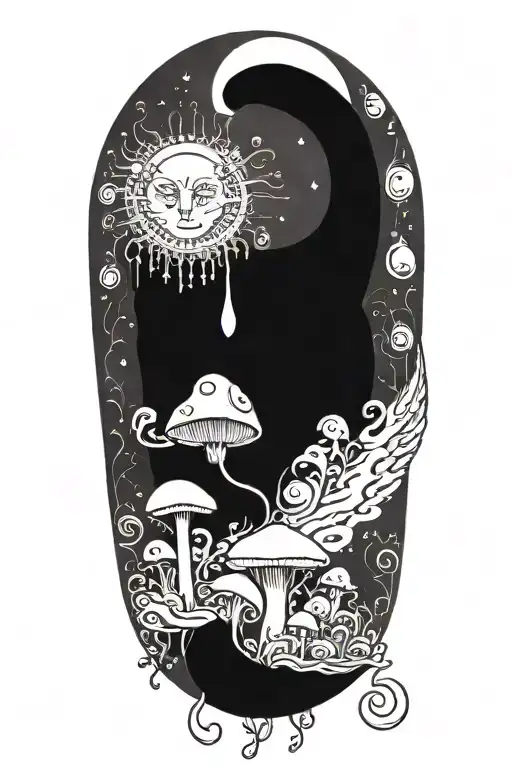 Black Cat With 3 Eye Balls And Trippy Colorful Mushrooms With Moon Melting