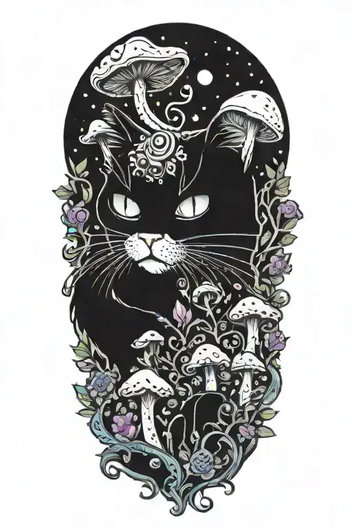 Black Cat With 3 Eye Balls And Trippy Colorful Mushrooms With Moon Melting