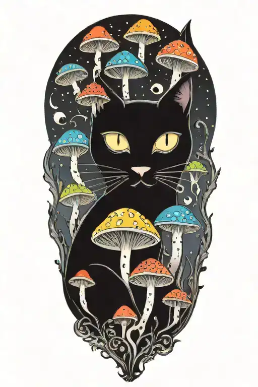 Black Cat With 3 Eye Balls And Trippy Colorful Mushrooms With Moon Melting