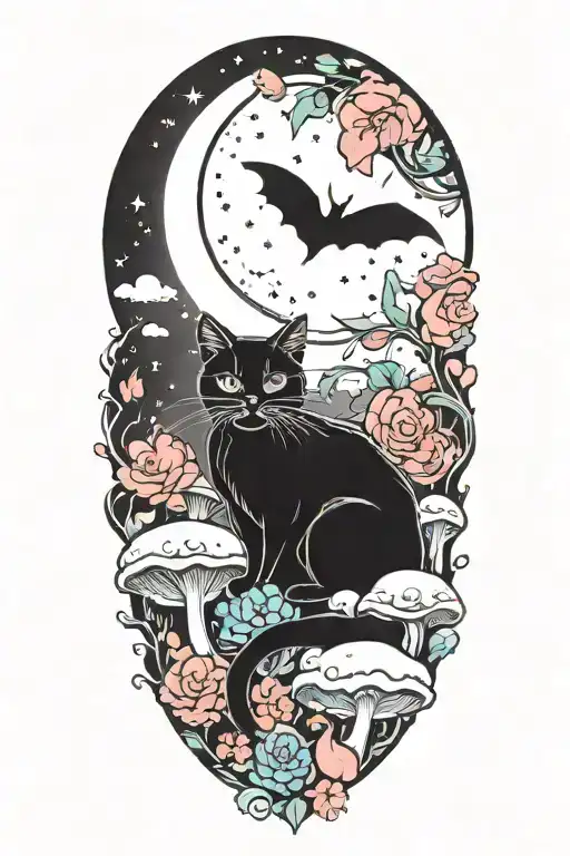 Black Cat With Colorful Mushrooms And Crescent Moon And Clouds And Stars