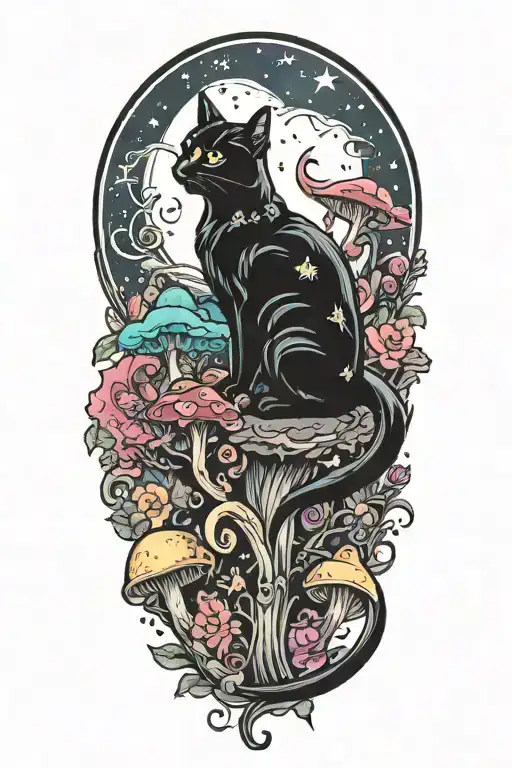 Black Cat With Colorful Mushrooms And Crescent Moon And Clouds And Stars