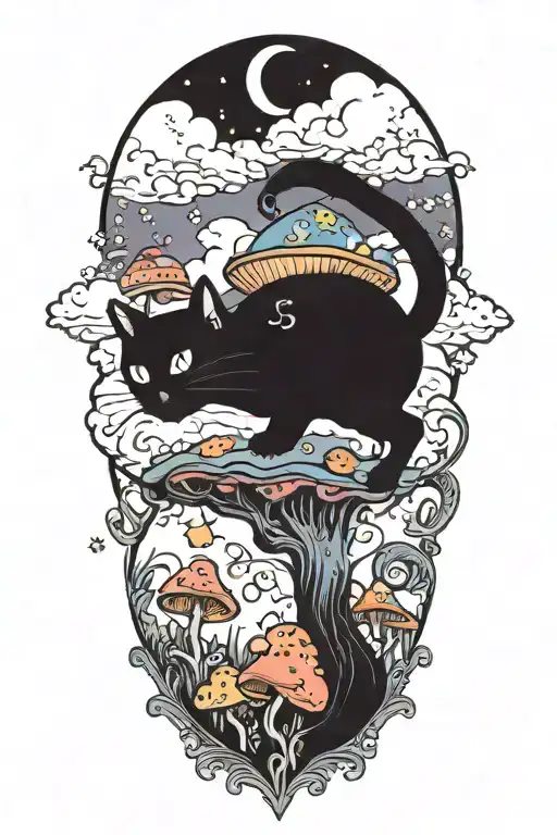 Black Cat With Colorful Mushrooms And Crescent Moon And Clouds And Stars Melting