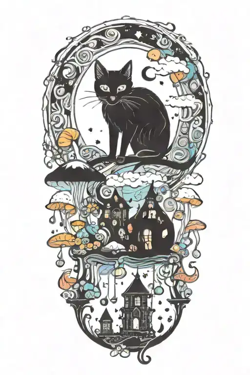 Black Cat With Colorful Mushrooms And Crescent Moon And Clouds And Stars Melting