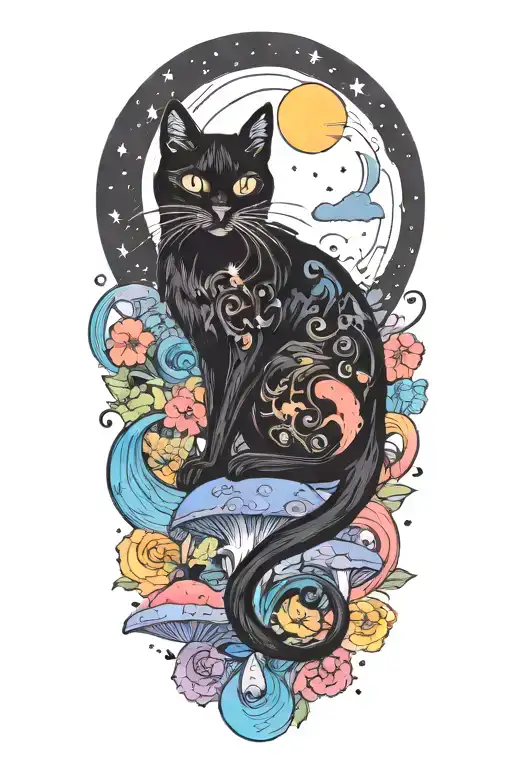 Black Cat With Colorful Mushrooms And Crescent Moon And Clouds And Stars Melting