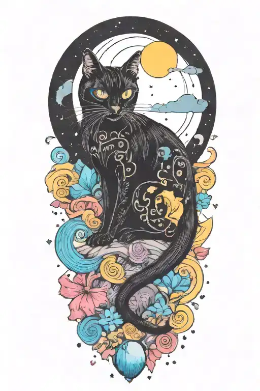 Black Cat With Colorful Mushrooms And Crescent Moon And Clouds And Stars Melting